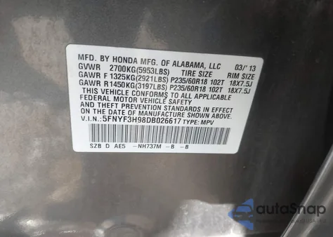 2013 Honda Pilot Touring z USA, uszkodzony, nr VIN 5FNYF3H98DB026617